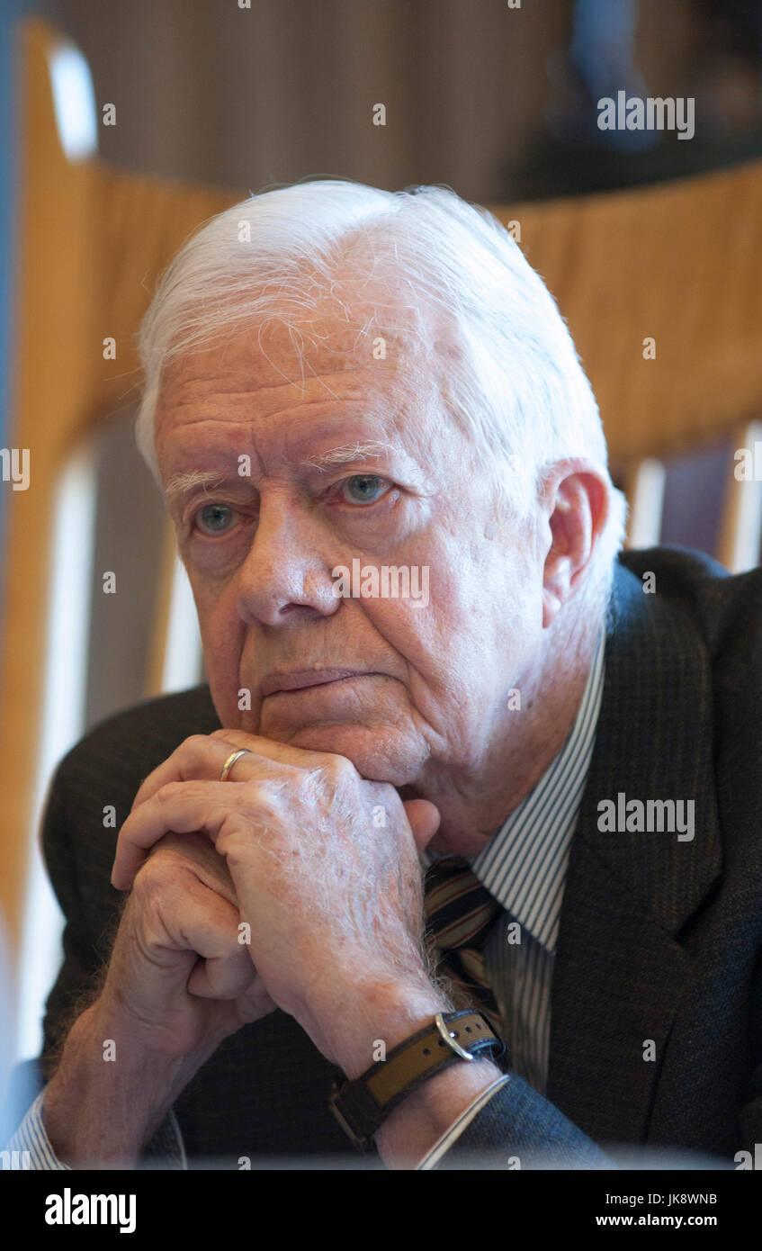 Former US President Jimmy Carter in an animated conversation in his office at The Carter Center in Atlanta, Georgia. James Earl 'Jimmy' Carter Jr. is an American politician who served as the 39th President of the United States from 1977 to 1981. He previously was the 76th governor of Georgia from 1971 to 1975, after two terms in the Georgia State Senate from 1963 to 1967. Stock Photo