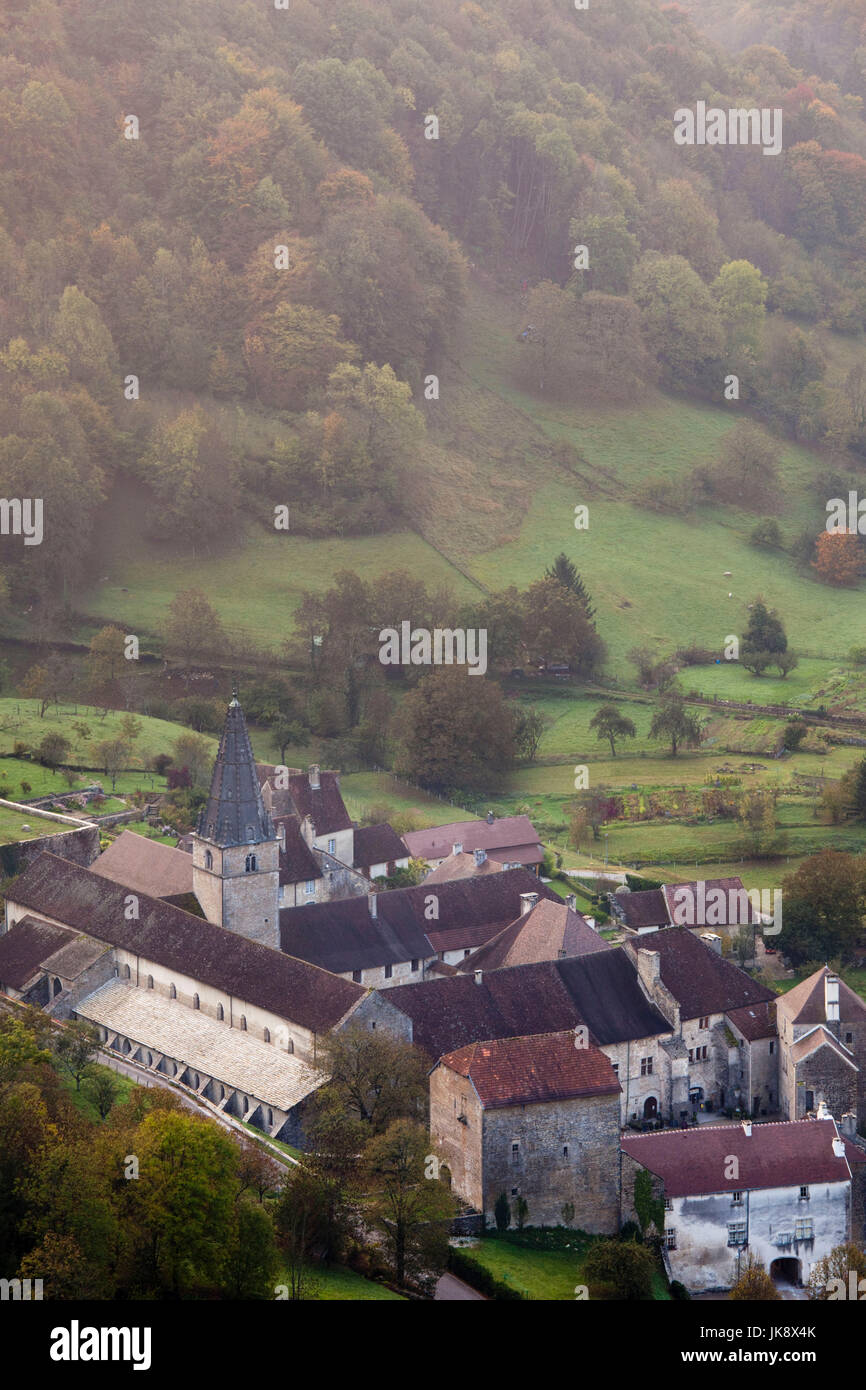 France, Jura Department, Franche-Comte Region, Les Reculees valley area, Baume-les-Messieurs, village overview and the Abbaye church, 15th century, morning Stock Photo