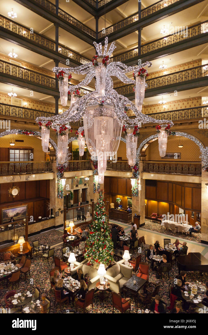 USA, Colorado, Denver, Brown Palace Hotel, interior view with Christmas