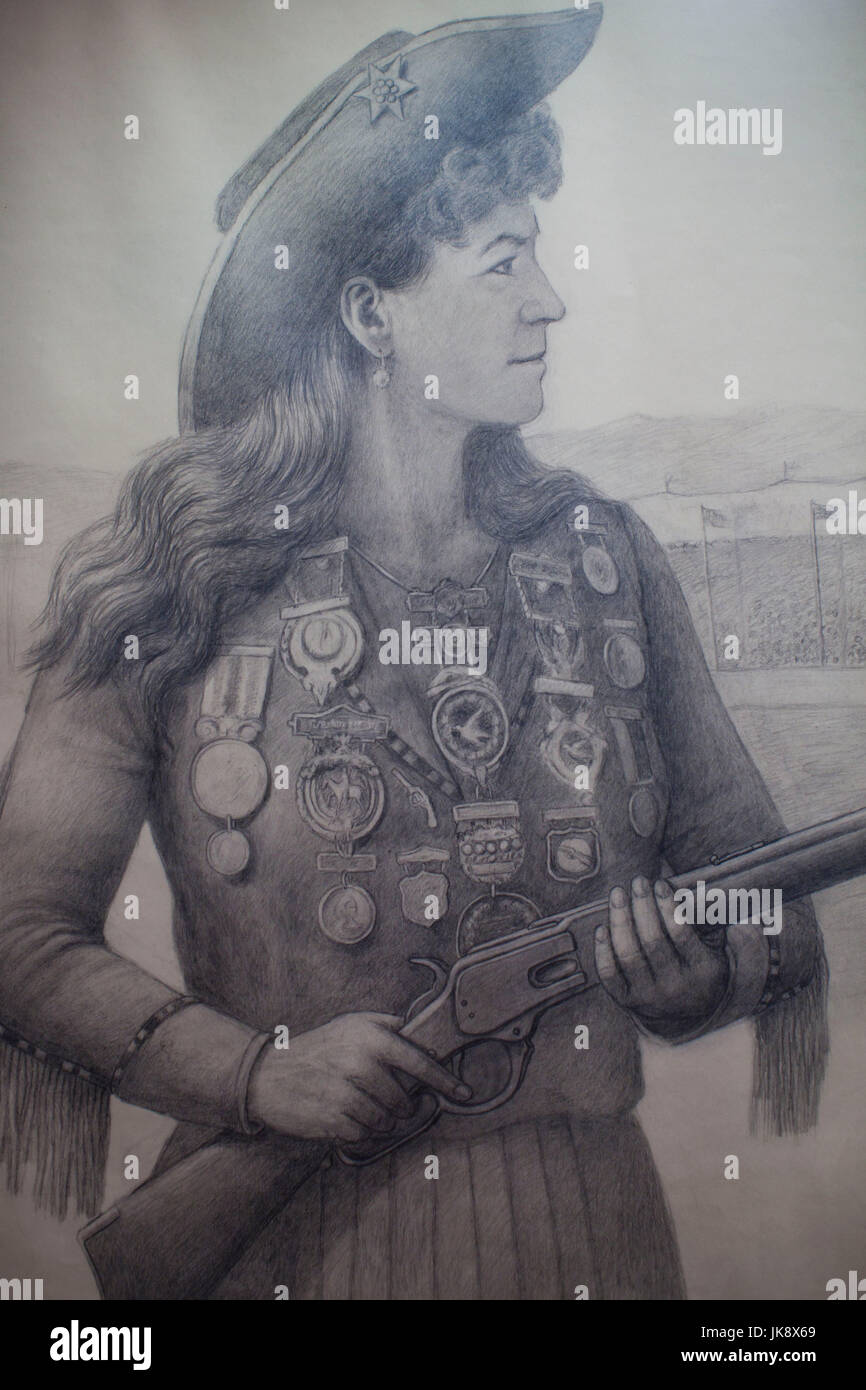 USA, Colorado, Golden, Lookout Mountain, Buffalo Bill Museum, painting of sharpshooter Annie Oakley Stock Photo