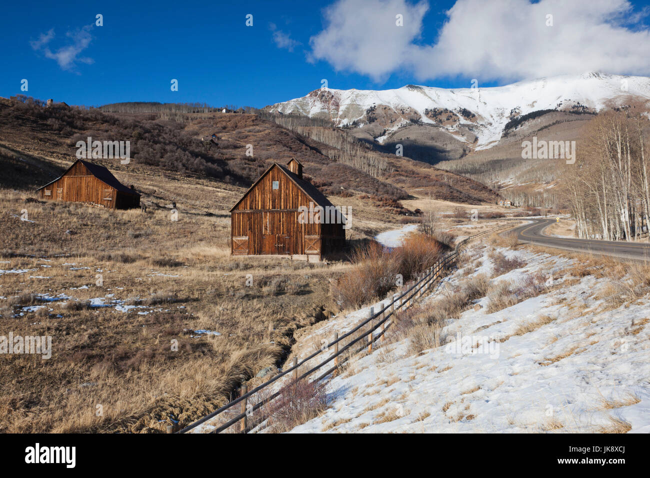 USA, Colorado, Telluride, wood barns, winter Stock Photo