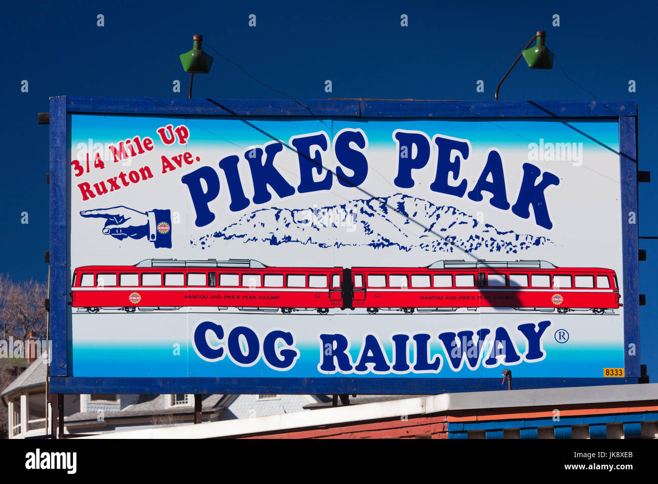 USA, Colorado, Manitou Springs, Pikes Peak Cog Railway, sign Stock Photo