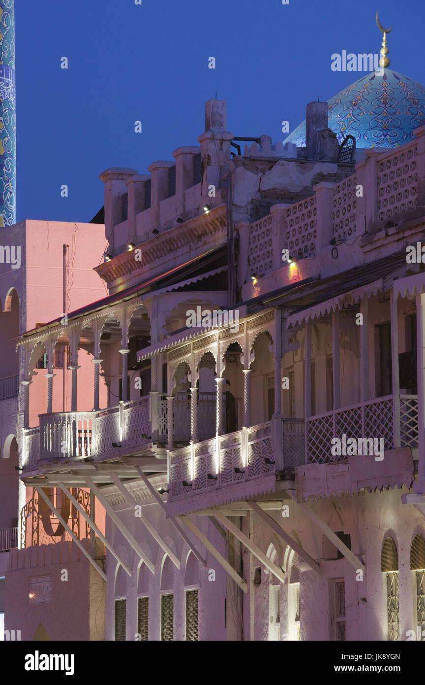 Oman, Maskat, Mutrah, Geschäftshäuser, Beleuchtung, Abend, Stock Photo