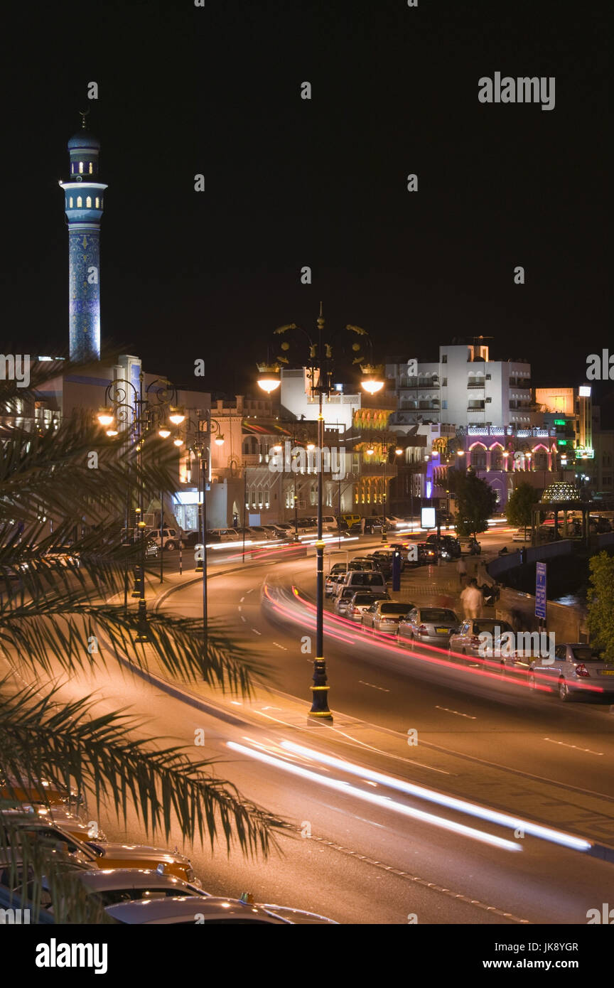 Oman, Maskat, Mutrah, Gebäude, Beleuchtung, Straße, Verkehr, Abend, Stock Photo