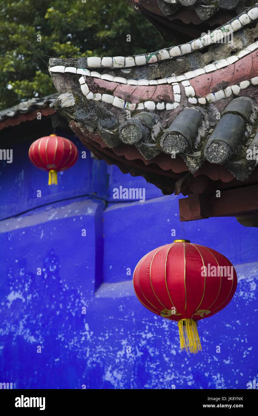 China, Provinz Chongqing, Fengdu, Mingshan, Tempel, außen, Detail, Mauer, blau, Dach, Laternen, Stock Photo
