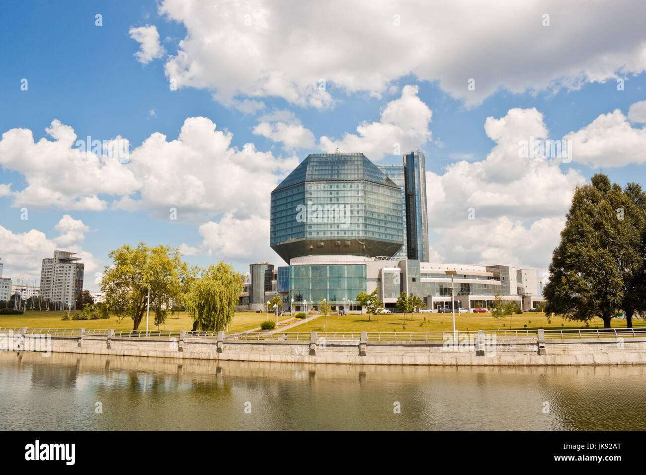 Minsk, Belarus - July 22, 2014: A view of modern building of National library of Belarus. Stock Photo
