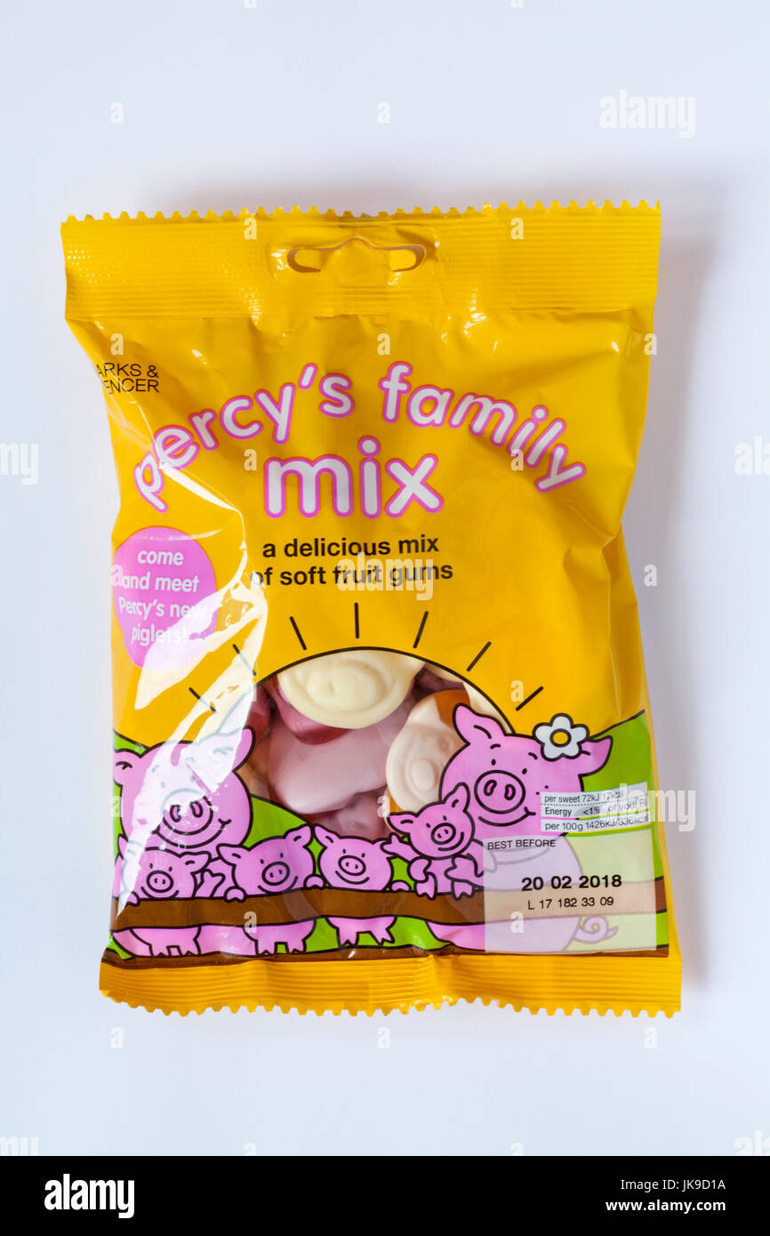 Bag of M&S percy's family mix! percy pig sweets a delicious mix of soft fruit gums isolated on white background Stock Photo