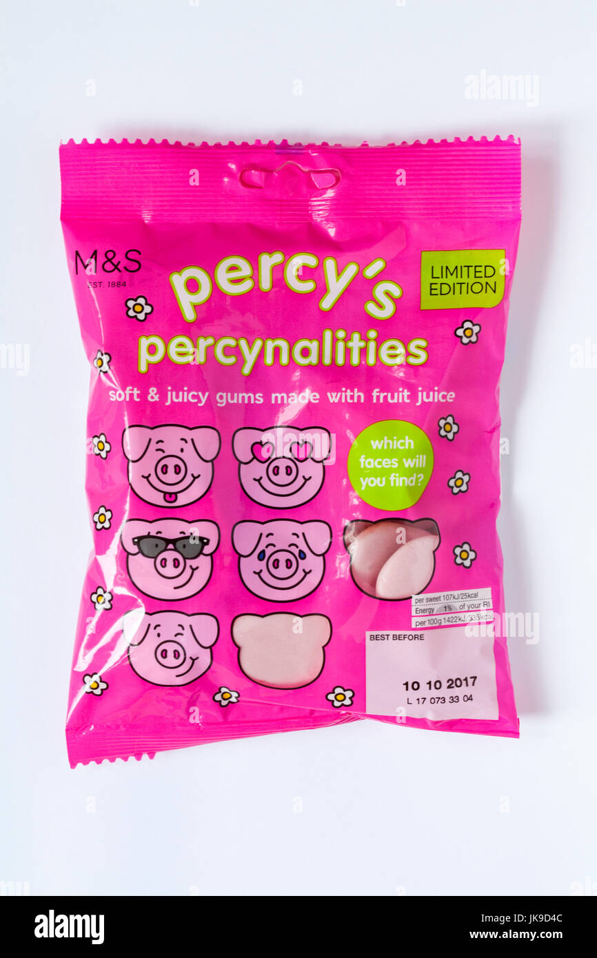 Bag of M&S percy's percynalities percy pig sweets isolated on white background Stock Photo