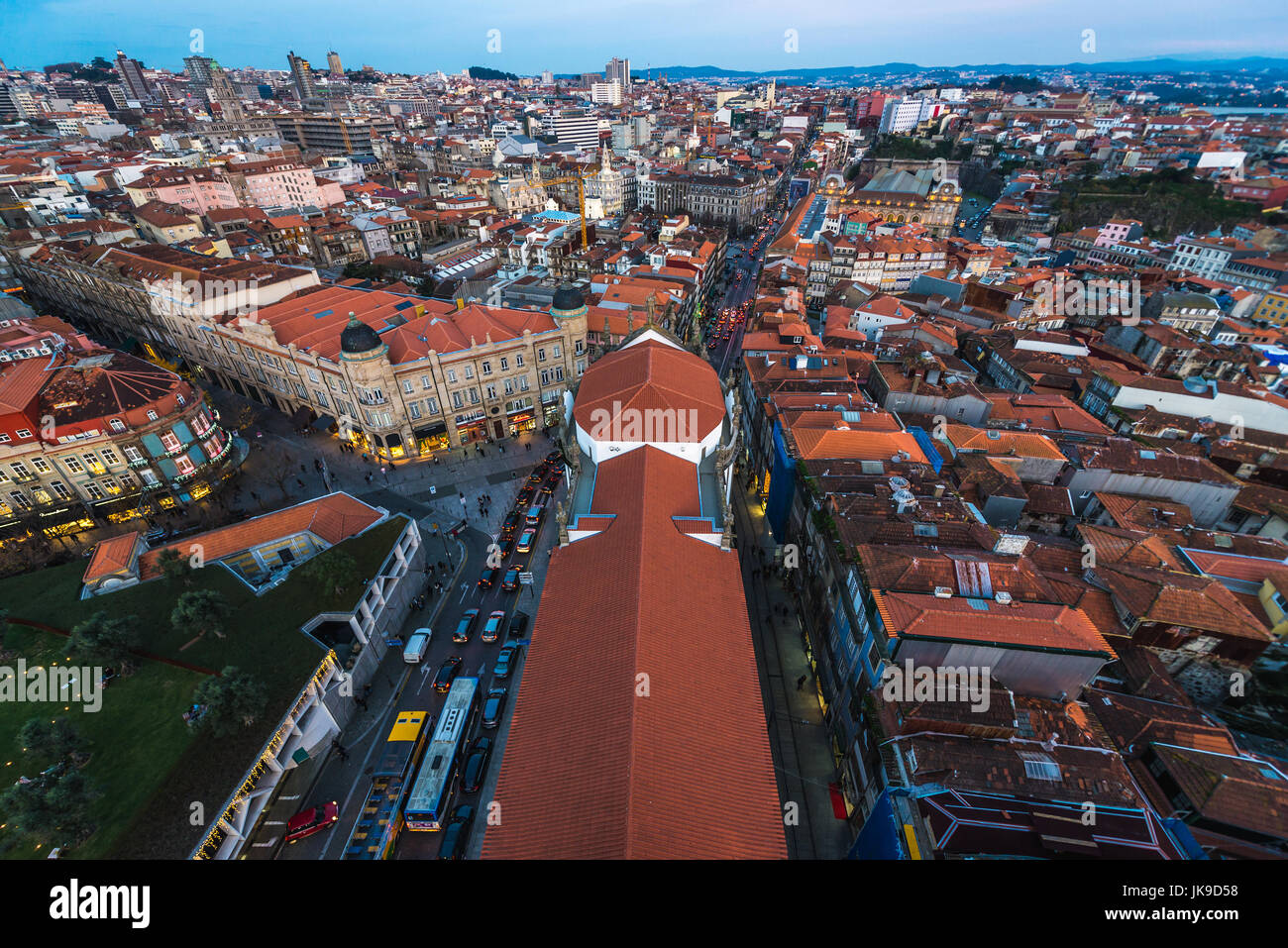 Aerial view with Old Town buildings from bell tower of Clerigos Church in Porto, second largest city in Portugal Stock Photo