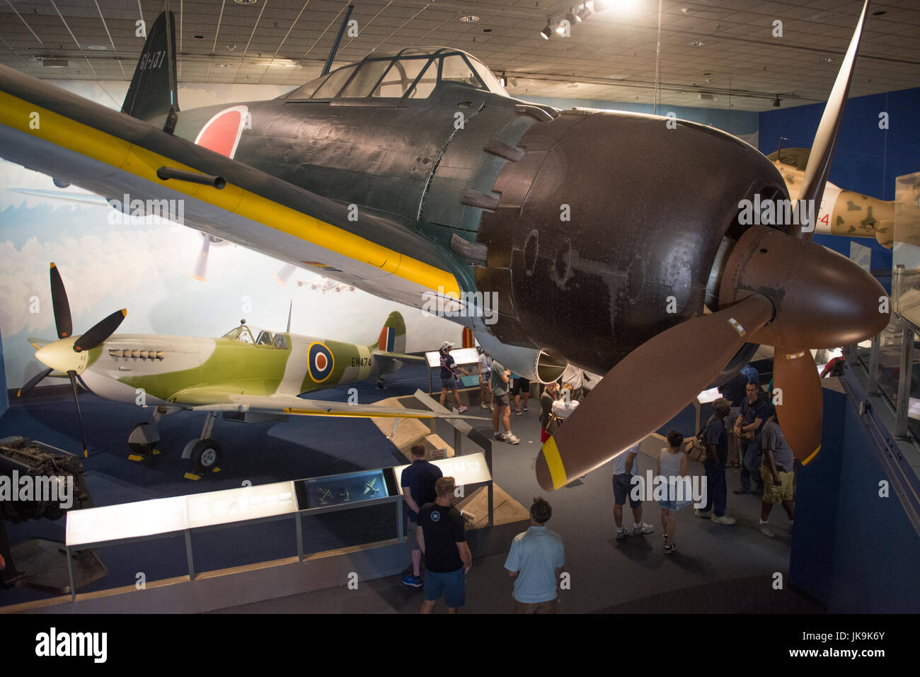 Legendary WWII fighter planes Japanese Zero top, British Spitfire, below, in the World War II Aviation Gallery, National Air and Space Museum, Washing Stock Photo