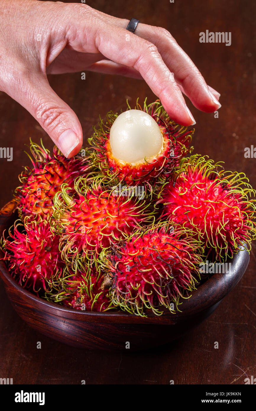 How To Open Rambutan close up of a woman hand holding a rambutan that has been cut open near ...