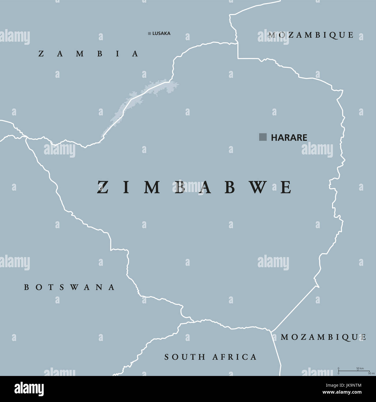 Zimbabwe political map with capital Harare, international borders and neighbors. Republic and landlocked country in South Africa. Stock Photo