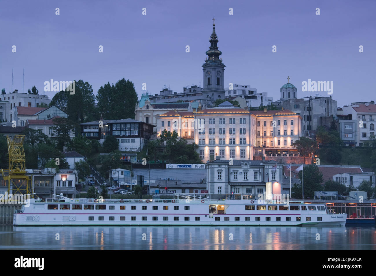 Serbien, Belgrad, Stari Grad, Altstadt, Fluss Save, Schiff, Abend, Stock Photo