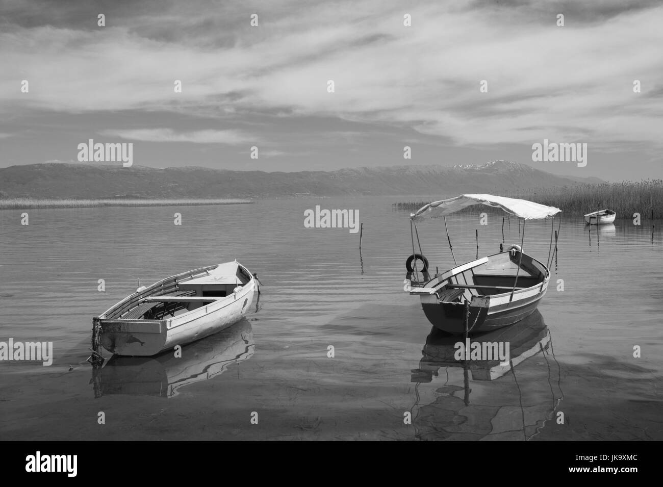 Mazedonien, Struga, Ohrid-See, Boote, s/w, Stock Photo