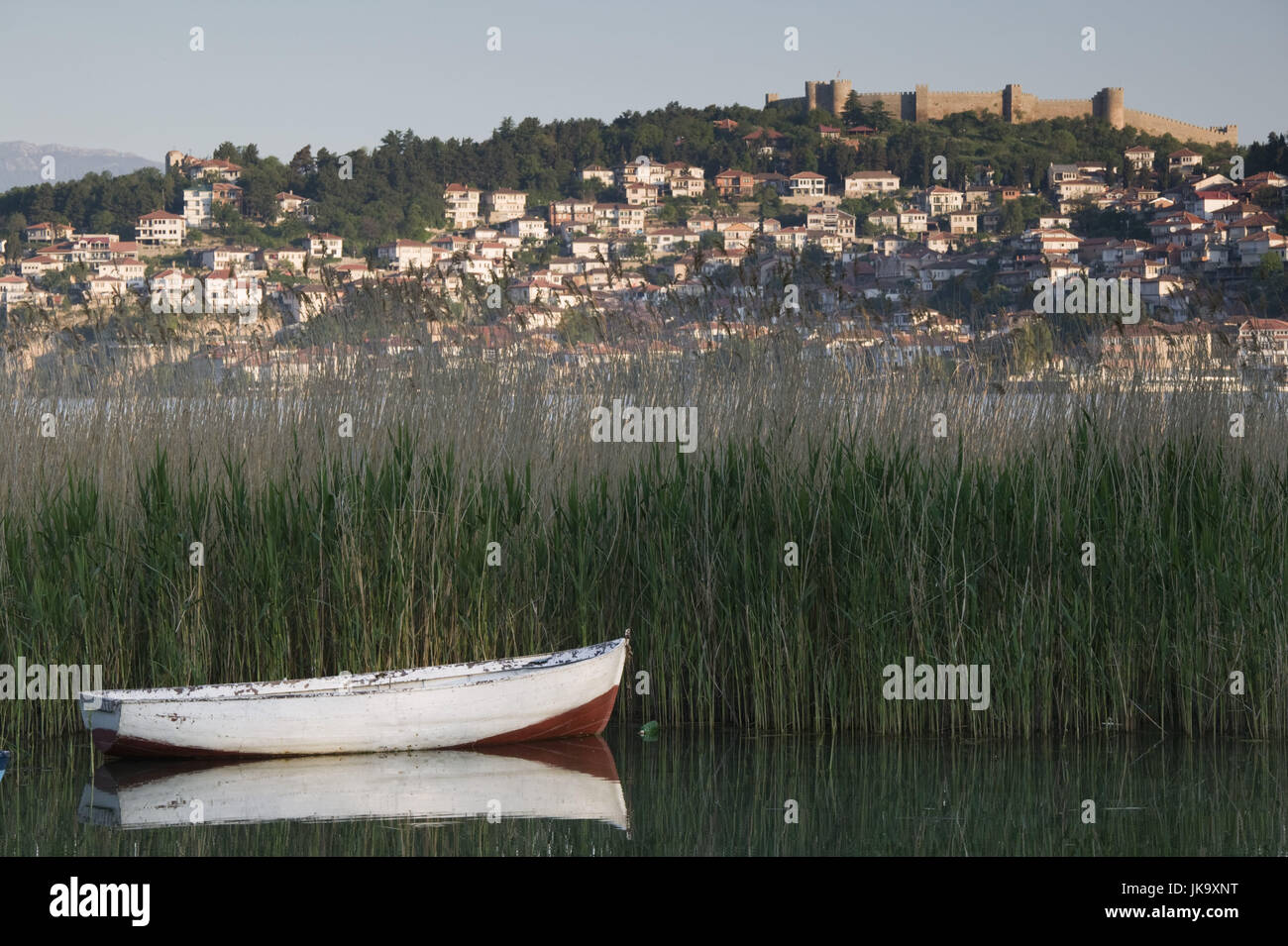 Mazedonien, Ohrid, Morgens, sicht, Altstadt und Auto Samoil's Castle, Schilfrohren, Ohrid-See, Stock Photo