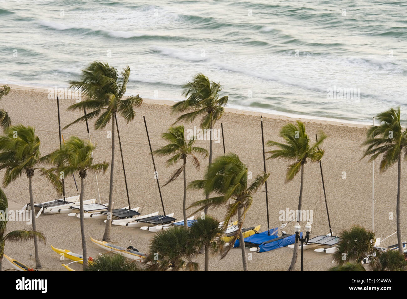 USA, Florida, Fort Lauderdale, Strand,  Palmen, Katamarane,   Nordamerika, Reiseziel, Urlaub, Sandstrand, Tourismus, Freizeitangebot, Boote, Meer, Wasser, windig, stürmisch, menschenleer, außen, Stock Photo