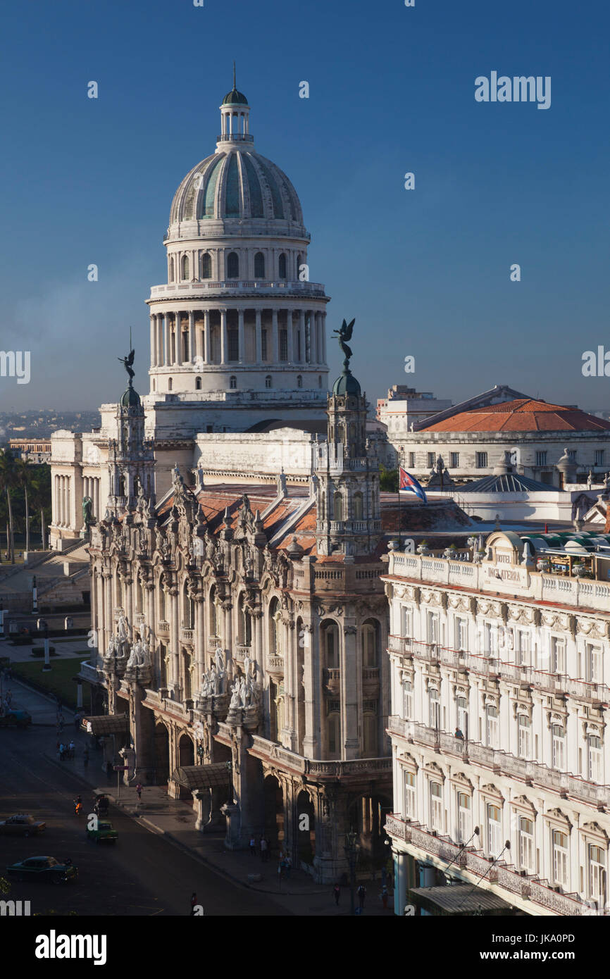Cuba, Havana, elevated city view towards the Capitolio Nacional, morning with El Teatro de La Habana theater, morning Stock Photo