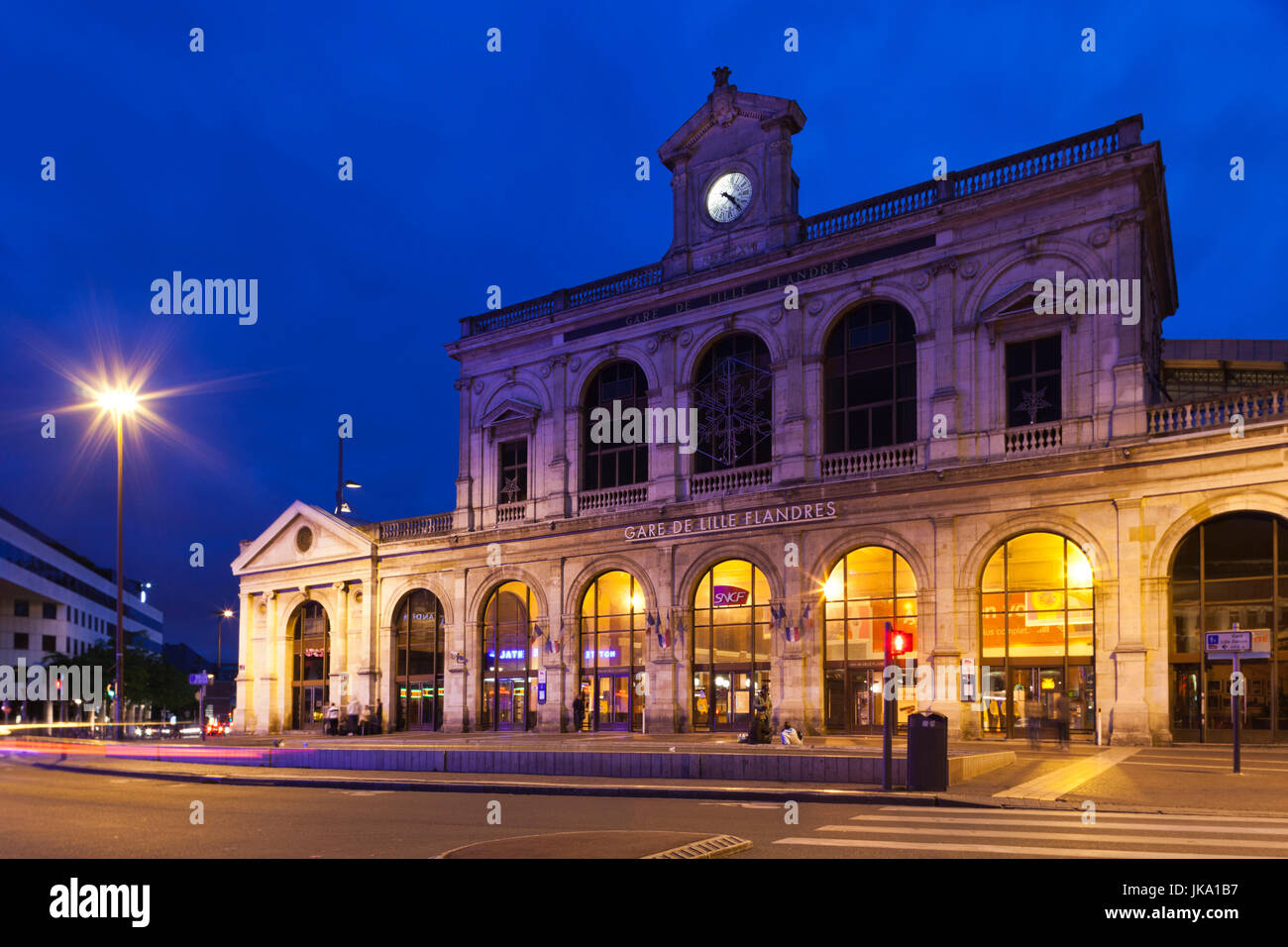 France, Nord-Pas de Calais Region, Nord Department, French Flanders Area, Lille,  Gare Lille-Flandres train station, dusk Stock Photo