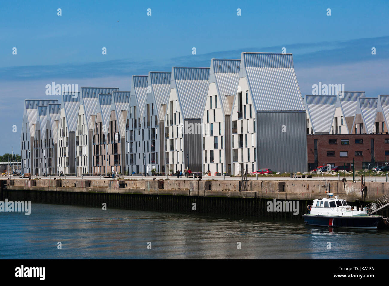 France, Nord-Pas de Calais Region, Nord Department, French Flanders Area, Dunkerque, port view with modern buildings along Quai de la Cunette Stock Photo