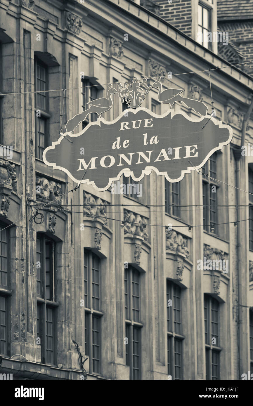 France, Nord-Pas de Calais Region, Nord Department, French Flanders Area, Lille, sign for the rue de la Monnaie street Stock Photo