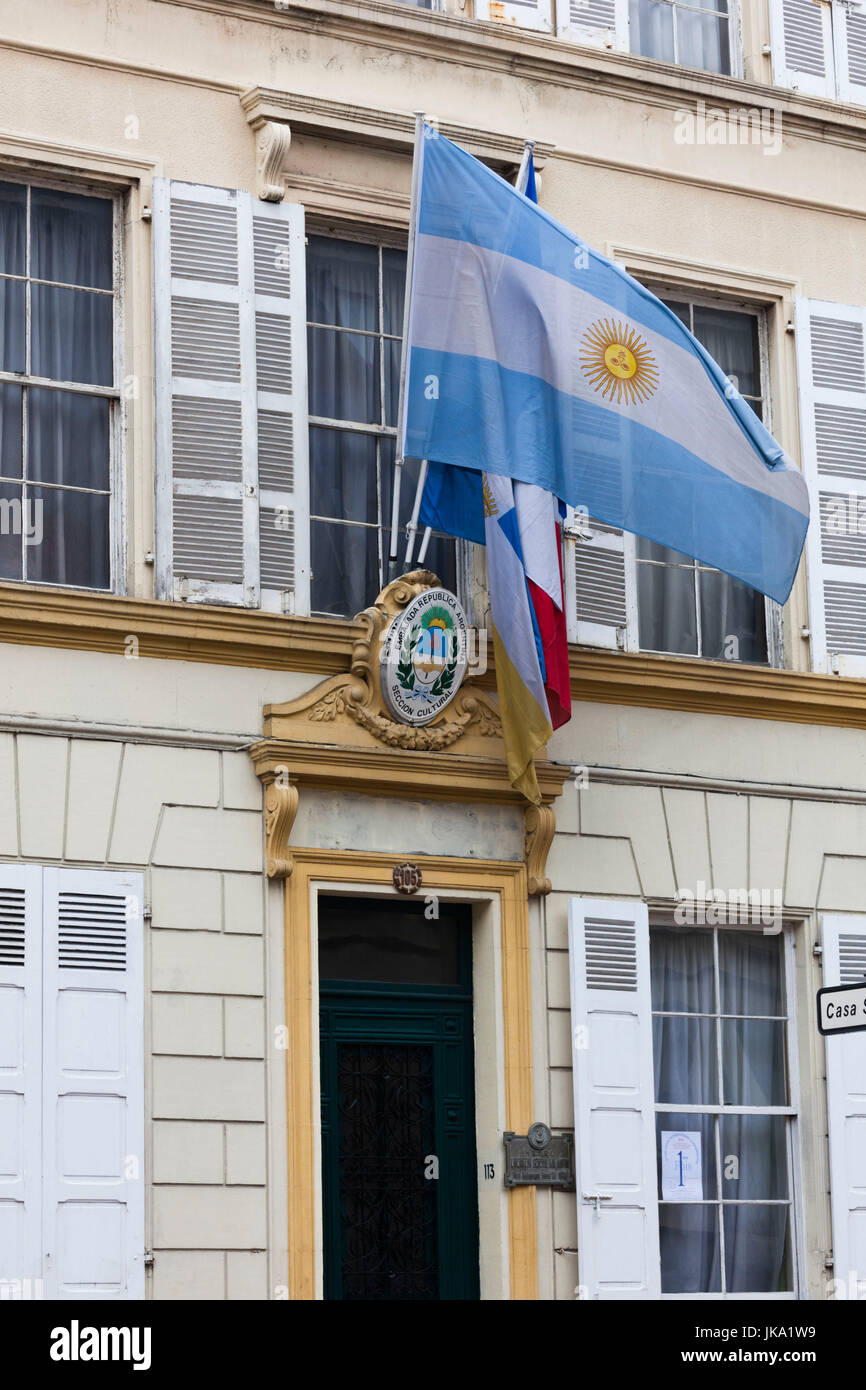 France, Nord-Pas de Calais Region, Pas de Calais Department, Boulogne sur Mer, Musee du Libertador San Martin, museum to and former home of Argentine General San Martin, Liberator of Argentina, Chile and Peru, entrance with Argentine flag Stock Photo