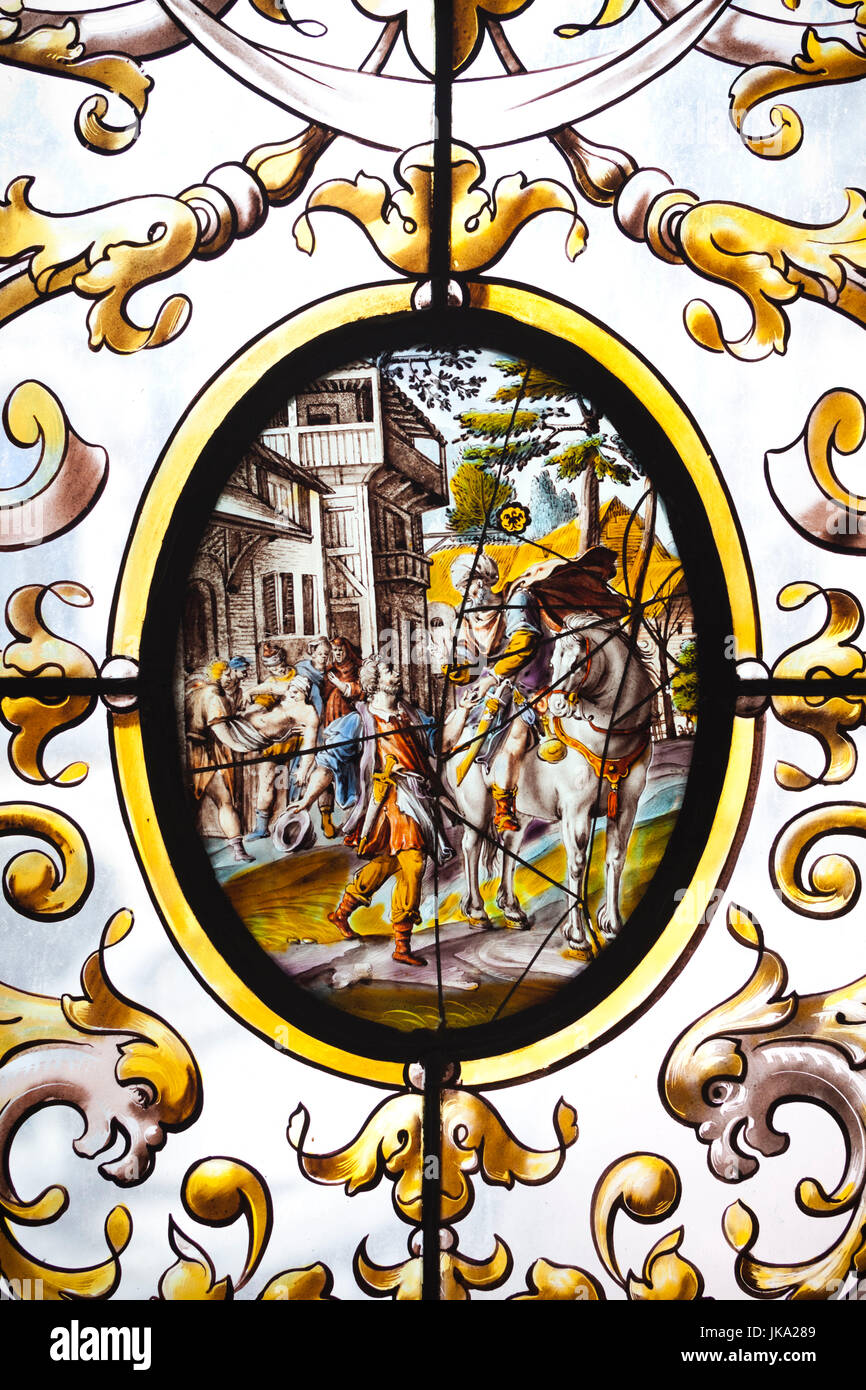 France, Normandy Region, Seine-Maritime Department, Fecamp, Palais Benedictine, museum and distillery of Benedictine liqeur, stained-glass window detail Stock Photo