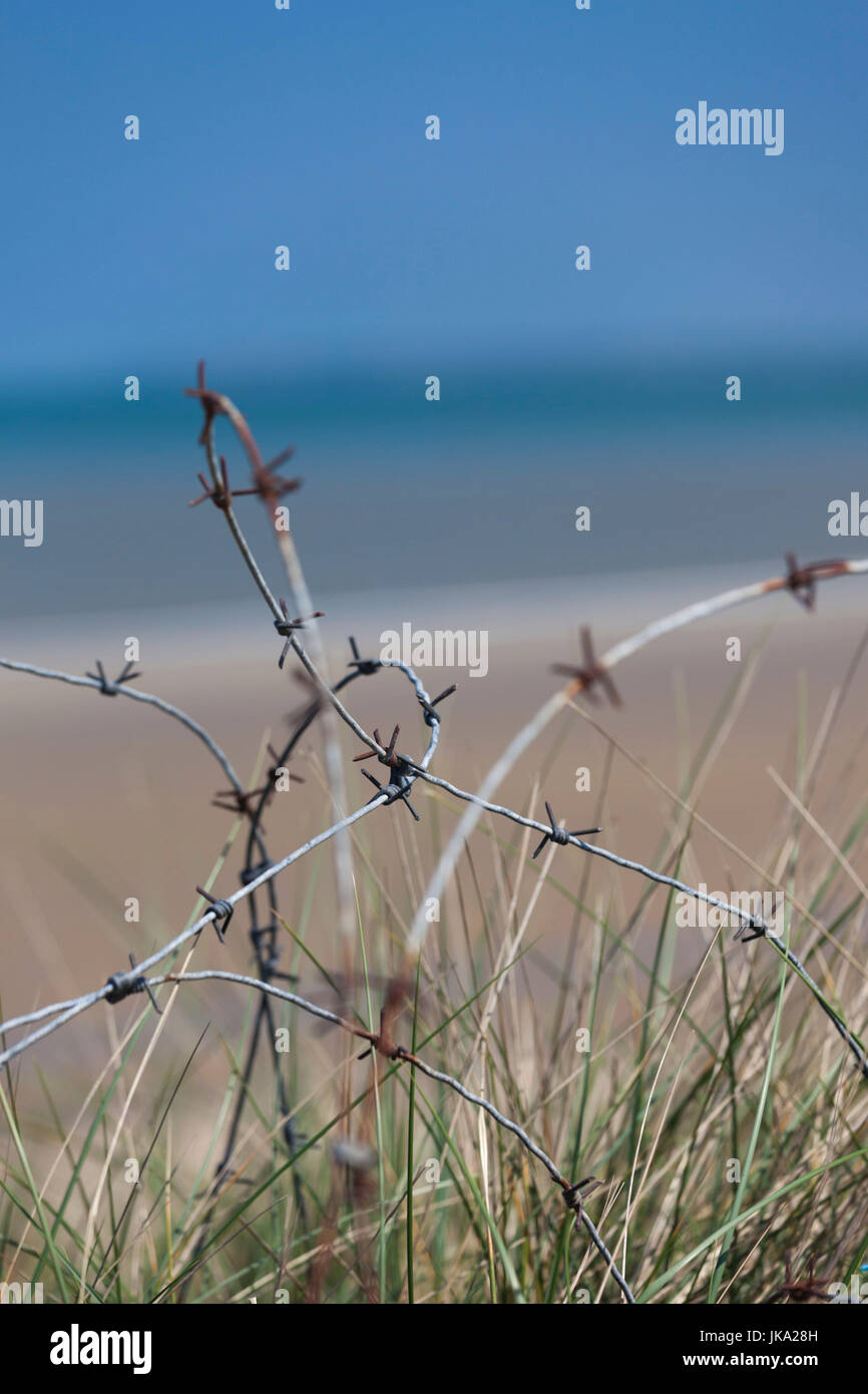 France, Normandy Region, Manche Department, D-Day Beaches Area, WW2-era D-Day invasion Utah Beach, Sainte Marie du Mont, barbed wire Stock Photo