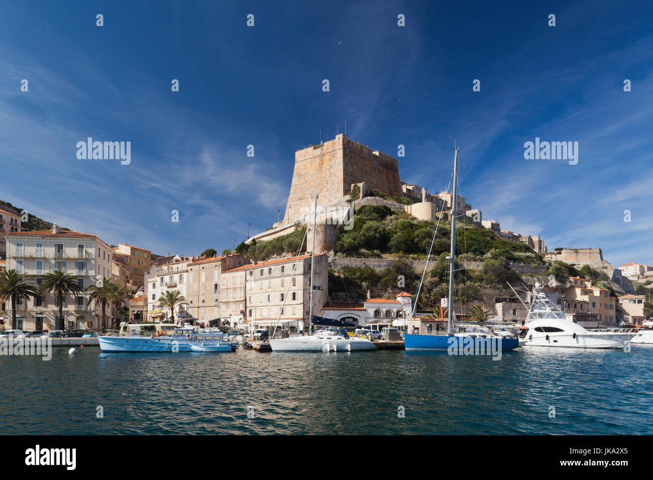 France, Corsica, Corse-du-Sud Department, Corsica South Coast Region, Bonifacio, port and Citadel, morning Stock Photo