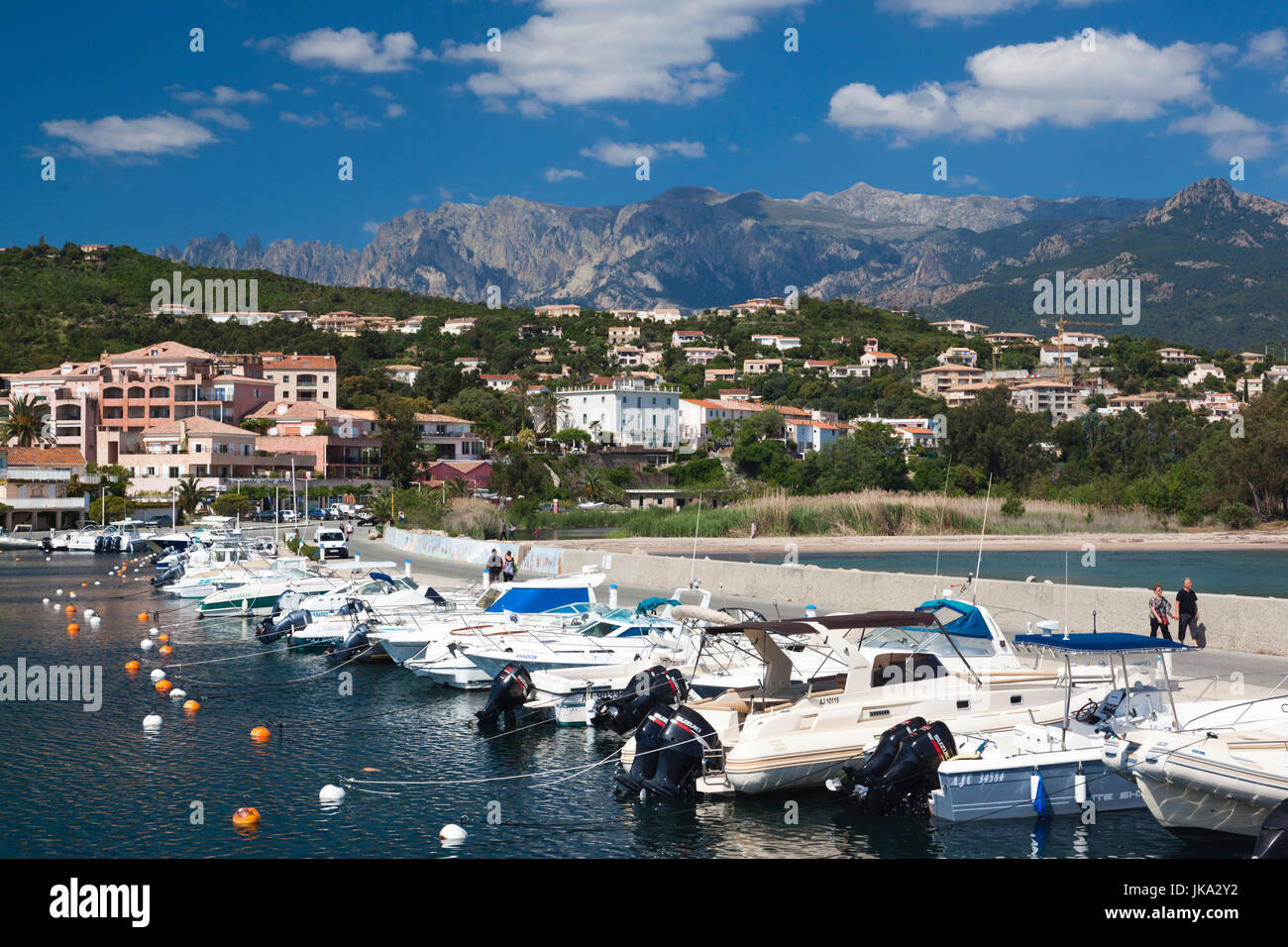 France, Corsica, Corse-du-Sud Department, Corsica East Coast Region, Cote des Nacres, seashell coast area, Solenzara, marina view of the town Stock Photo