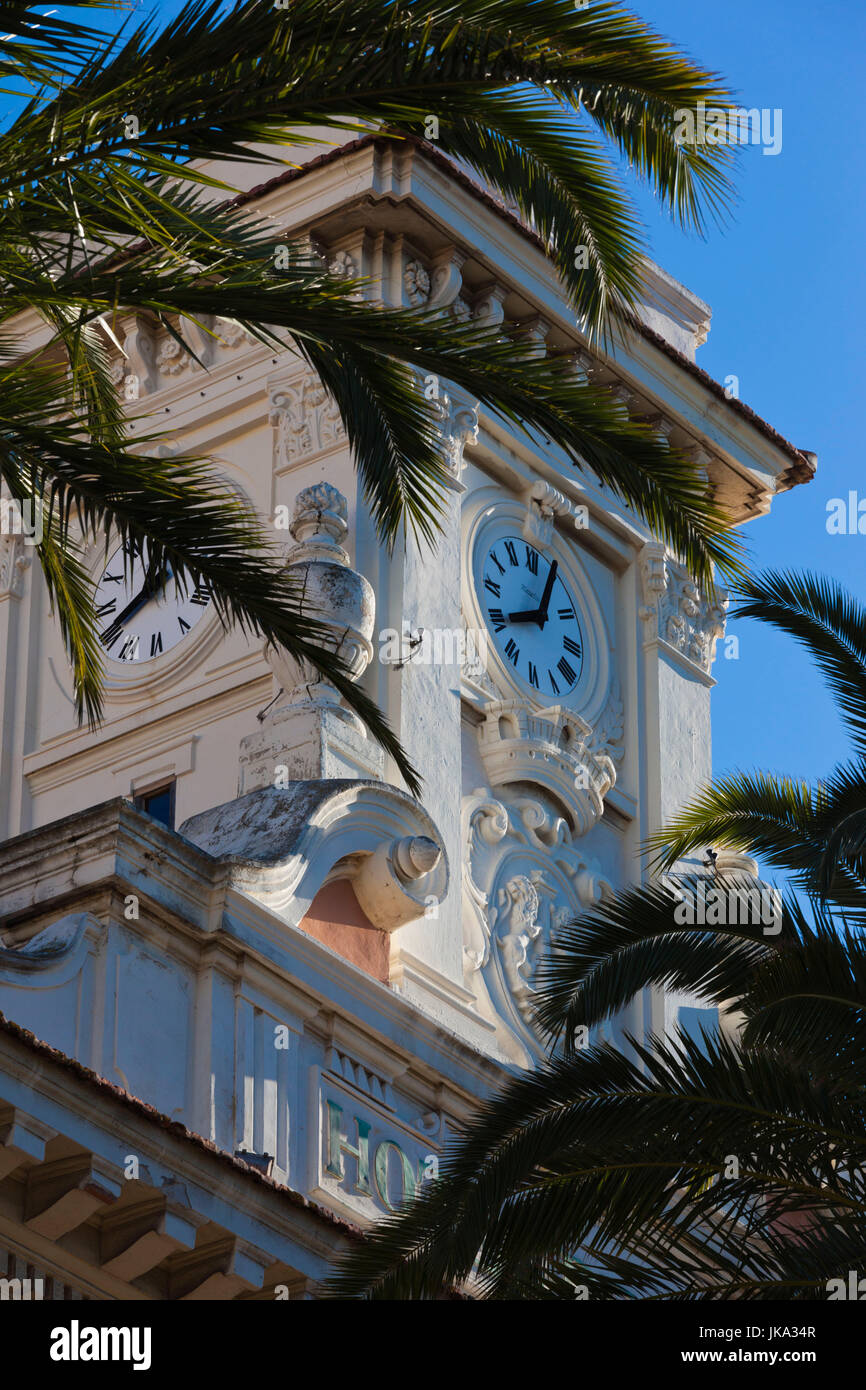 France, Corsica, Corse-du-Sud Department, Corsica West Coast Region, Ajaccio, town hall clock tower Stock Photo