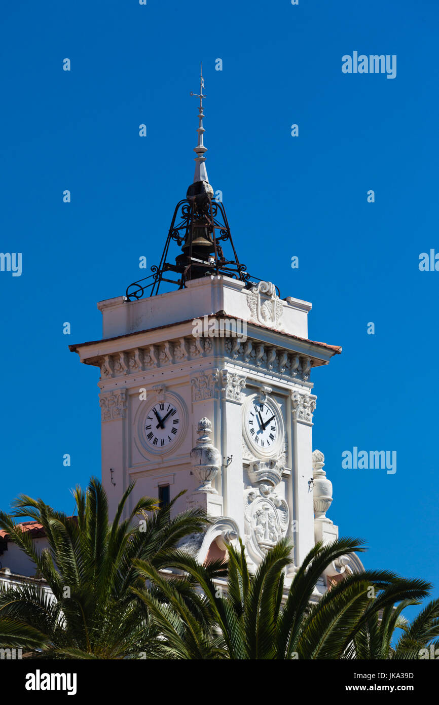 France, Corsica, Corse-du-Sud Department, Corsica West Coast Region, Ajaccio, town hall clock tower Stock Photo