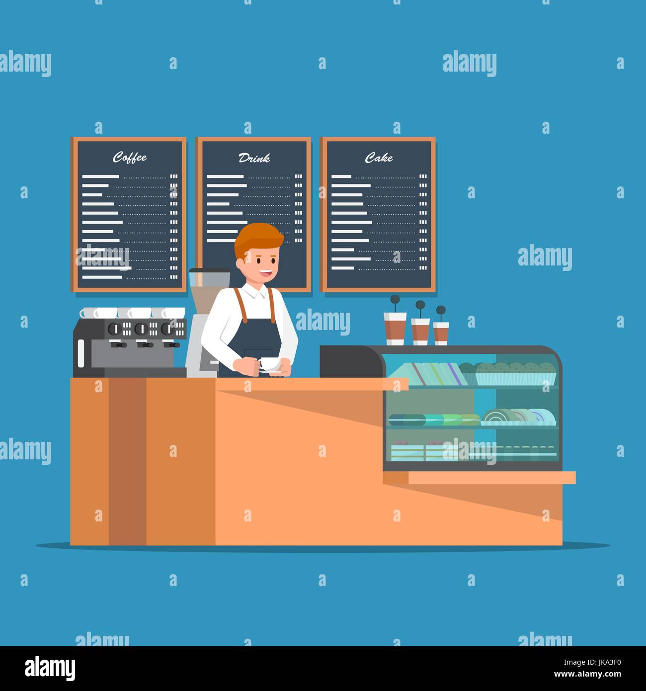 Barista behind counter bar of the coffee shop. Coffee shop bar counter design Stock Vector Image
