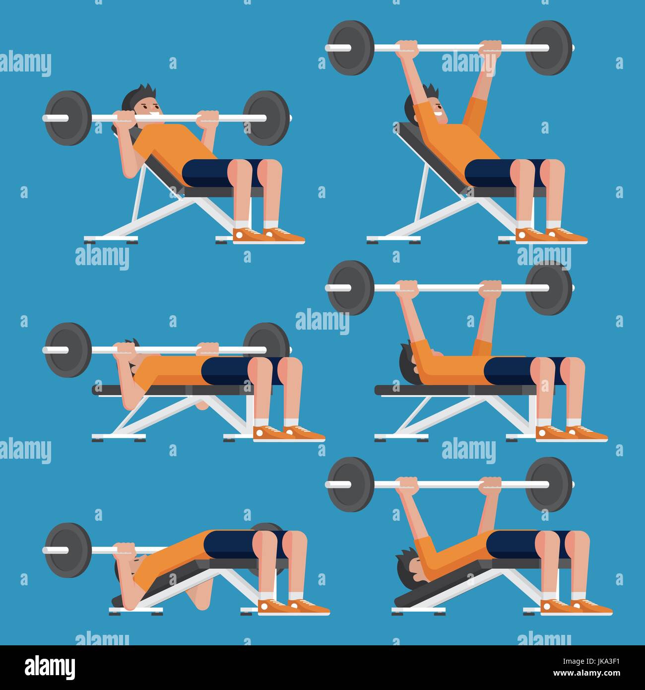 Set of man in weight training chest workout poses. Incline, Decline chest  press and Barbell Bench Press Stock Vector Image & Art - Alamy