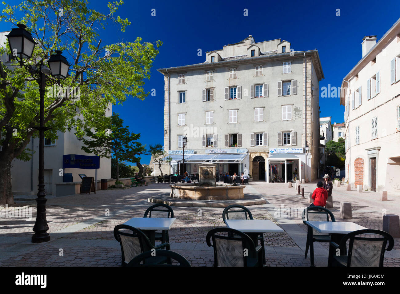 France, Corsica, Haute-Corse Region, Le Nebbio, St-Florent, Place Doria Stock Photo