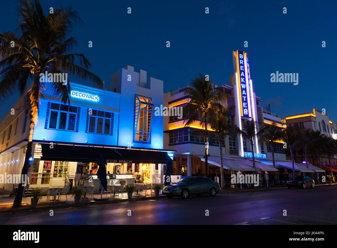 USA, Miami Beach, South Beach, art deco Breakwater Hotel sign, Ocean Drive, dawn Stock Photo