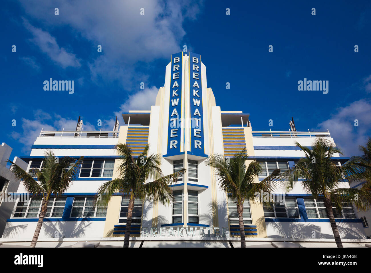 USA, Miami Beach, South Beach, art deco Breakwater Hotel sign, Ocean Drive, morning Stock Photo