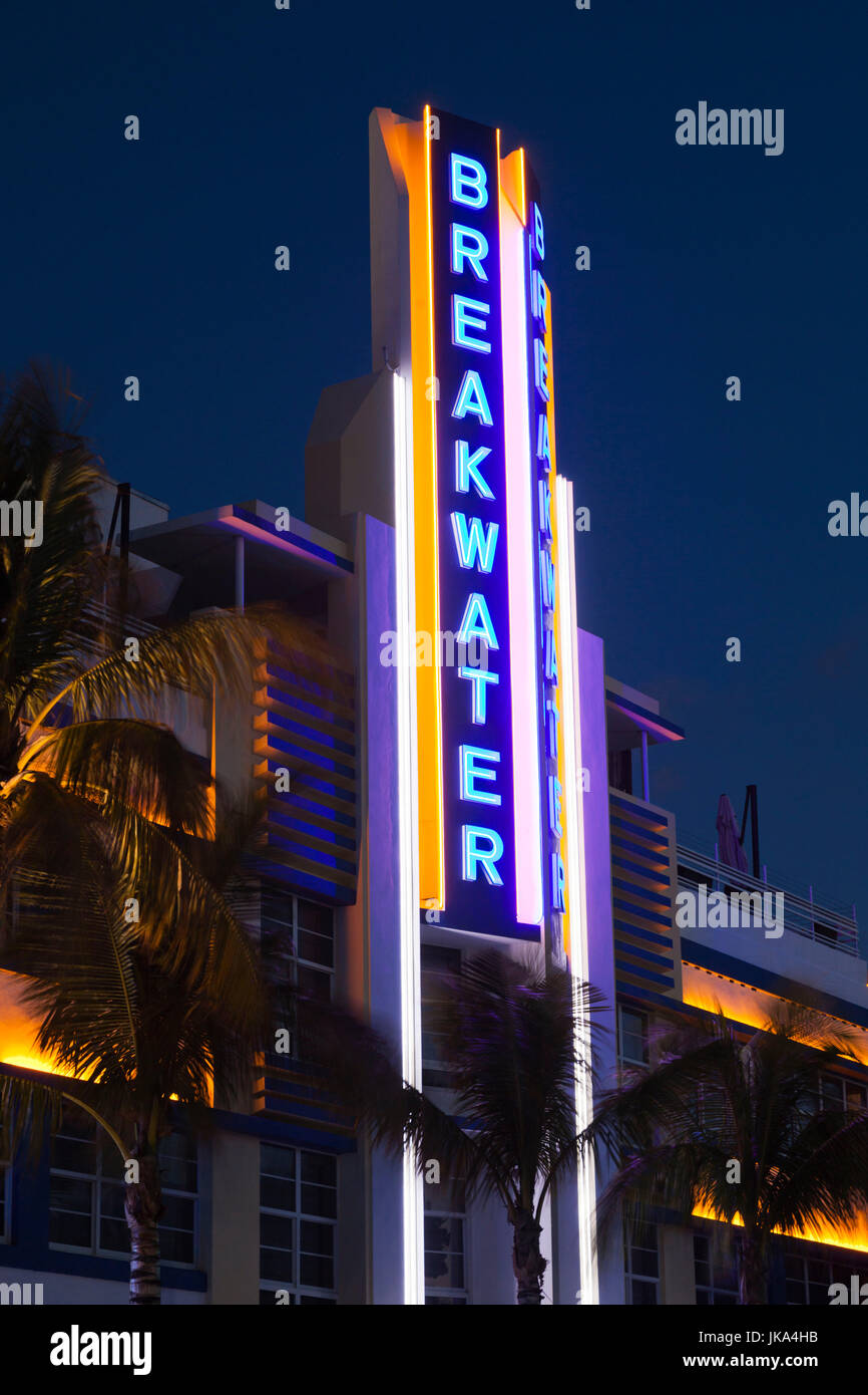 USA, Miami Beach, South Beach, art deco Breakwater Hotel sign, Ocean Drive, dawn Stock Photo