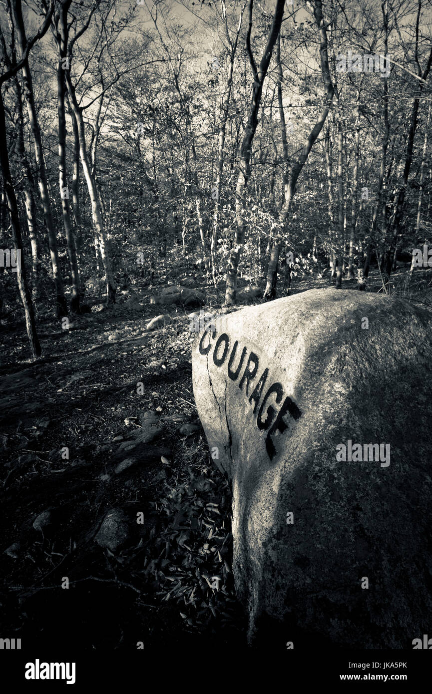 USA, Massachusetts, Gloucester, Dogtown rocks with inspirational words ...