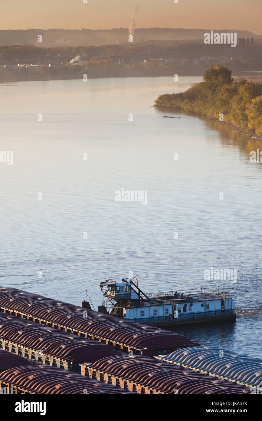 USA, Minnesota, Minneapolis, St. Paul, elevated view of Mississippi River barges Stock Photo
