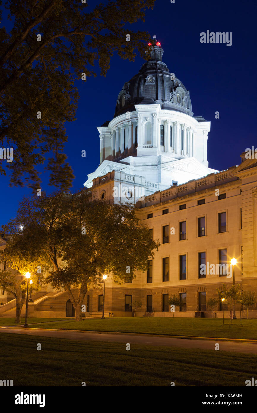 USA, South Dakota, Pierre, South Dakota State Capitol, exterior, dusk Stock Photo