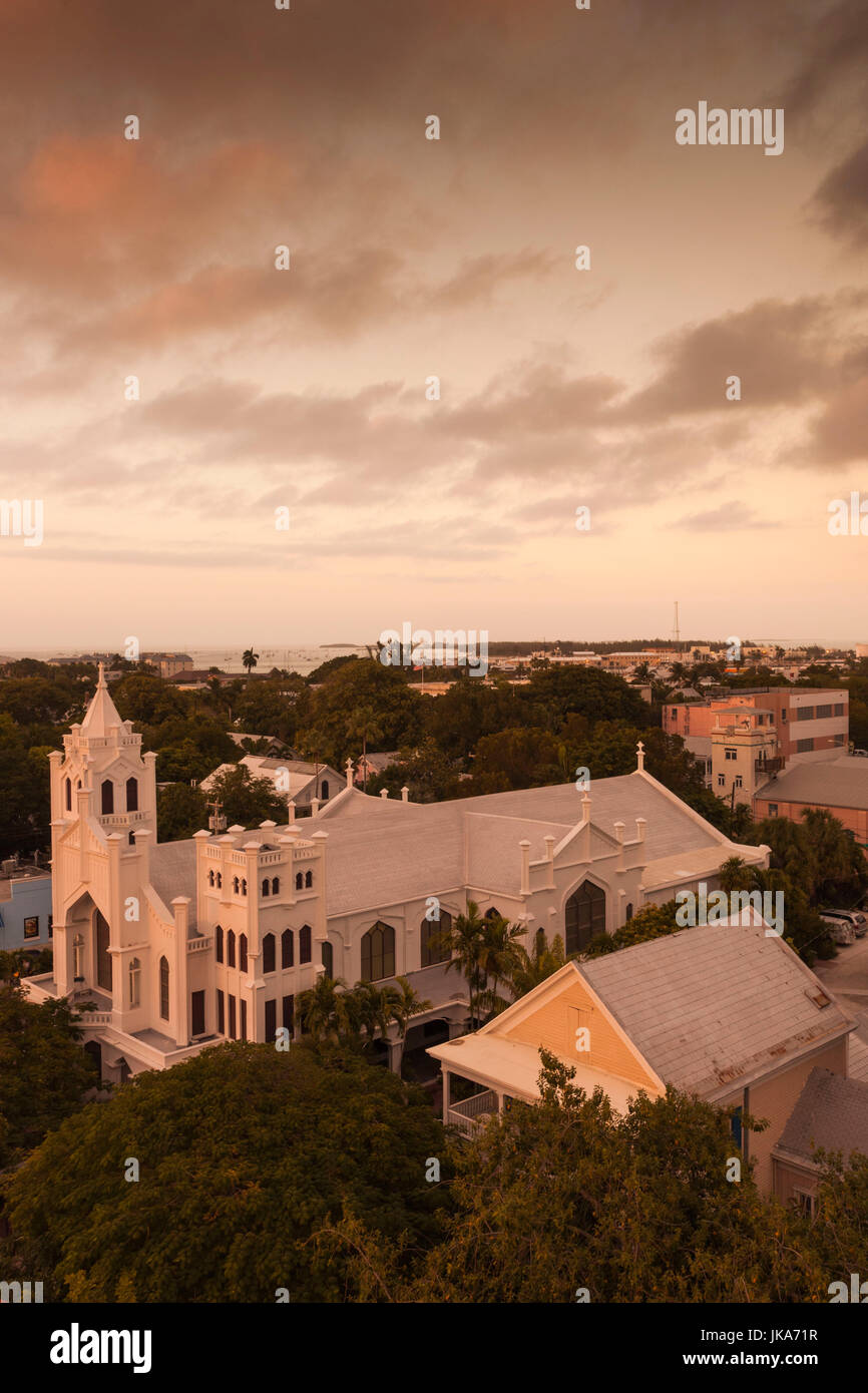 USA, Florida, Florida Keys, Key West, St. Paul's Episcopal Church and Duval Street, elevated view, dusk Stock Photo