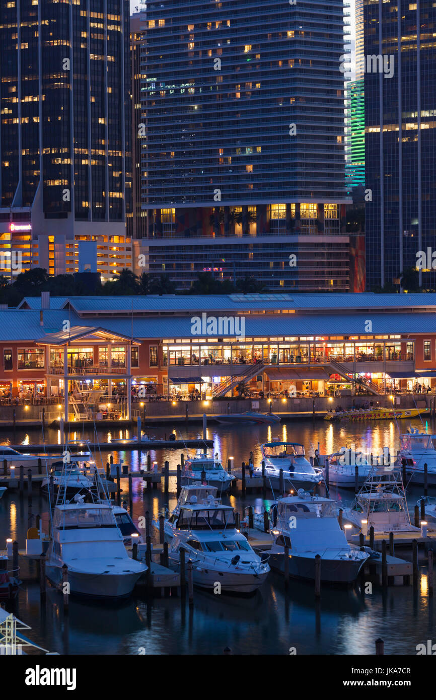 USA, Florida, Miami, city skyline with Bayside Mall, evening Stock Photo