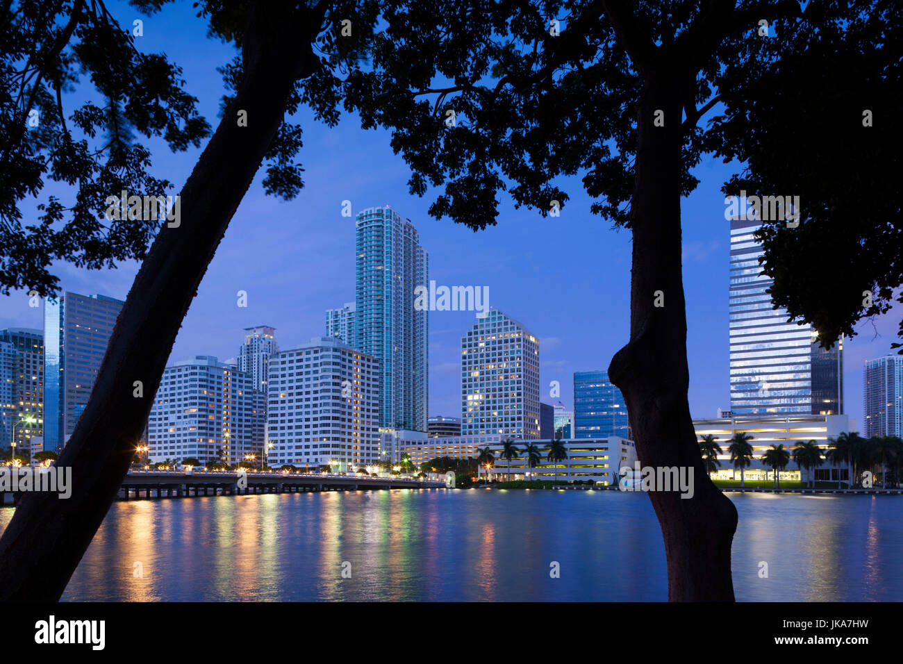 USA, Florida, Miami, city skyline from Brickell Key, dawn Stock Photo