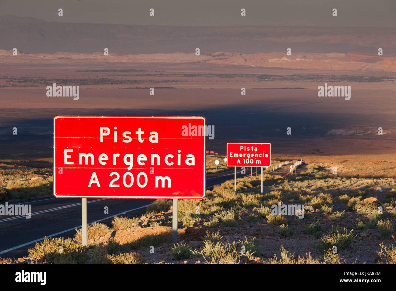 Chile, Atacama Desert, San Pedro de Atacama, emergency lane sign, Ruta 27 CH highway, dawn Stock Photo