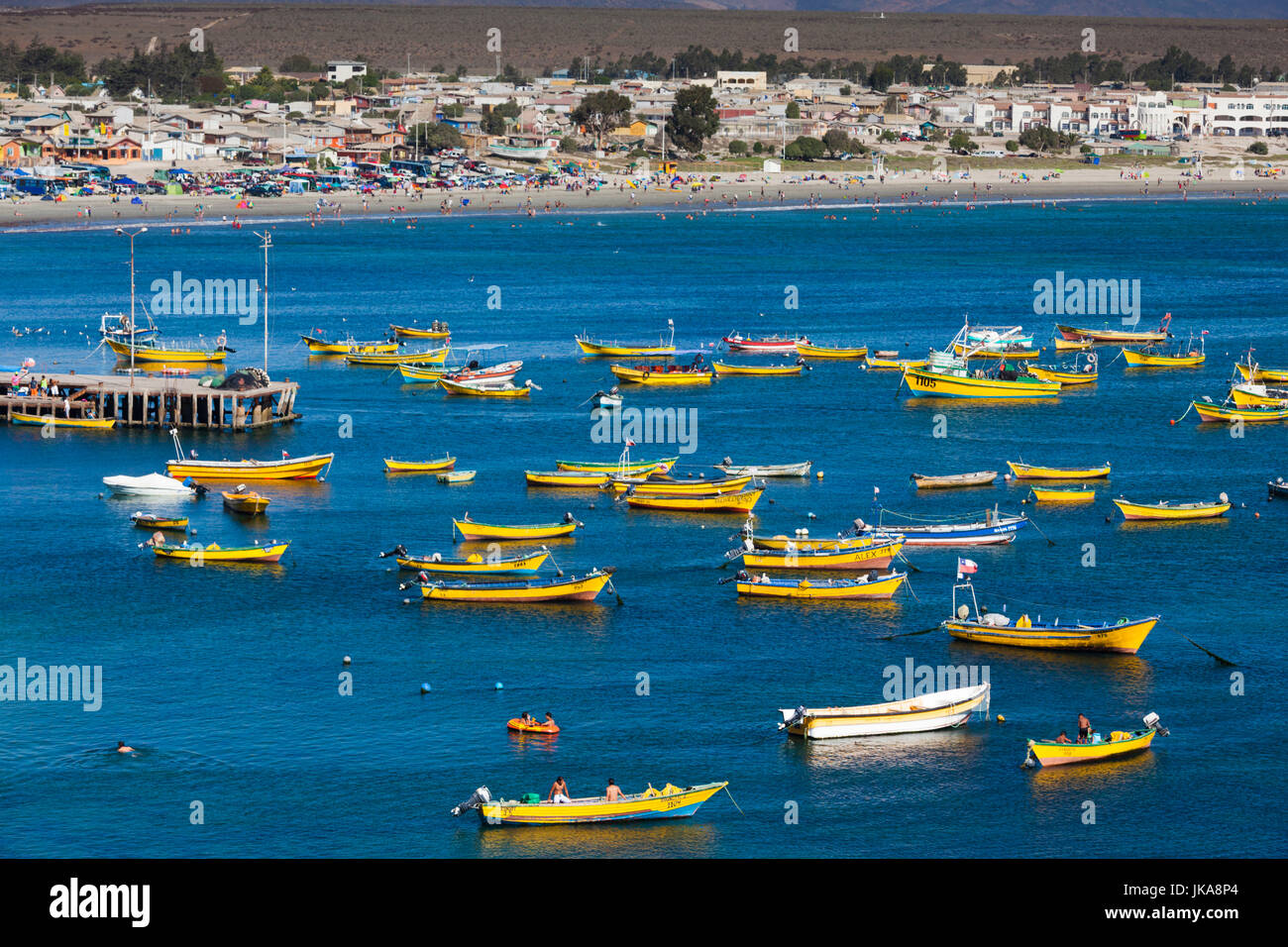 Chile, Tongoy, elevated view of fishing boats Stock Photo