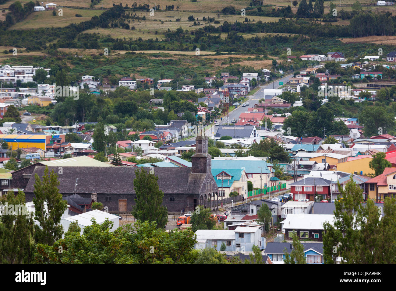 Chile, Chiloe Archipelago, Quinchao Island, Achao, elevated town view with Iglesia Santa Maria de Loreto church Stock Photo