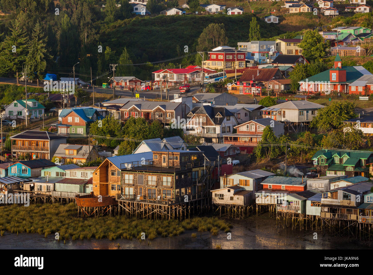 Chile, Chiloe Island, Castro, palafito stilt houses, elevated view
