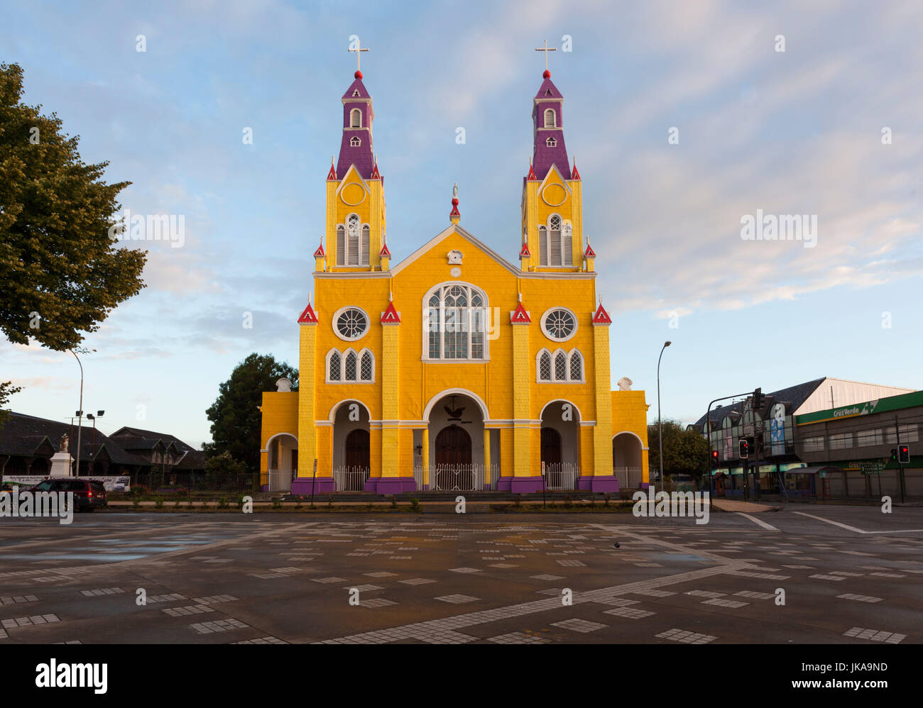 Chile, Chiloe Island, Castro, Iglesia de San Francisco church, exterior, dawn Stock Photo