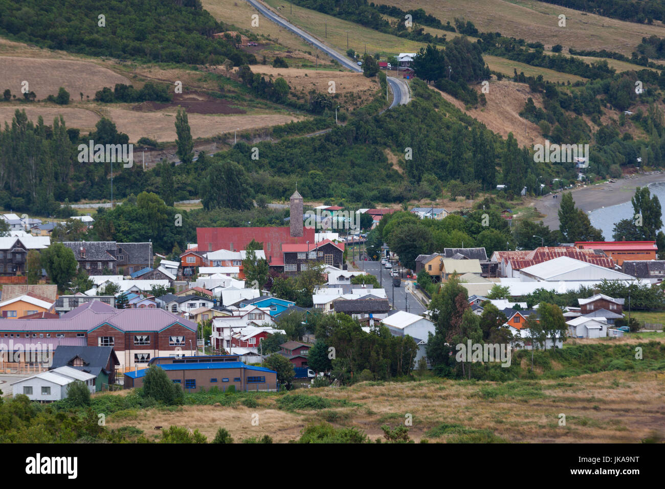 Chile, Chiloe Archipelago, Quinchao Island, Curaco de Velez, elevated town view Stock Photo