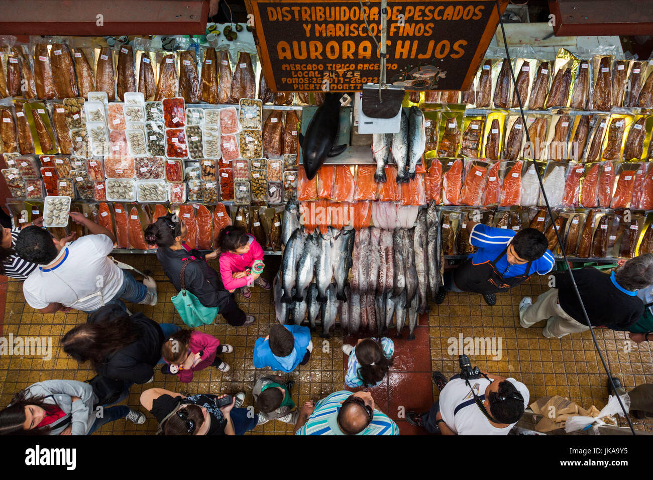 Chile, Los Lagos Region, Puerto Montt, Angelmo harbor market, overview of seafood shop Stock Photo